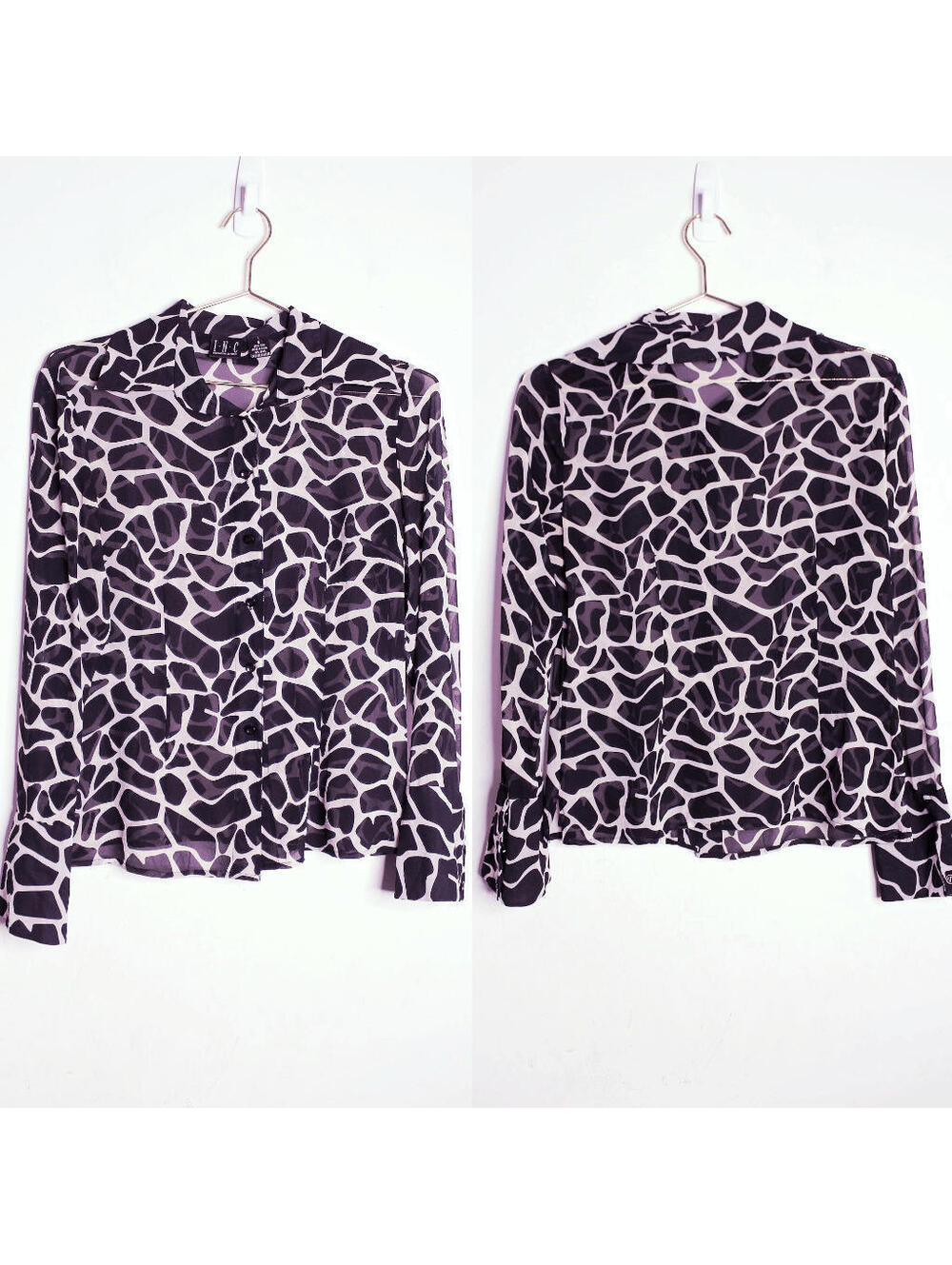Black Cream Giraffe Print Silk Sheer Blouse - 8